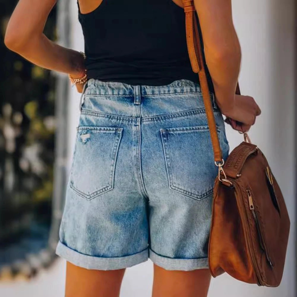 Distressed High-Waisted Denim Shorts Trendy Casual