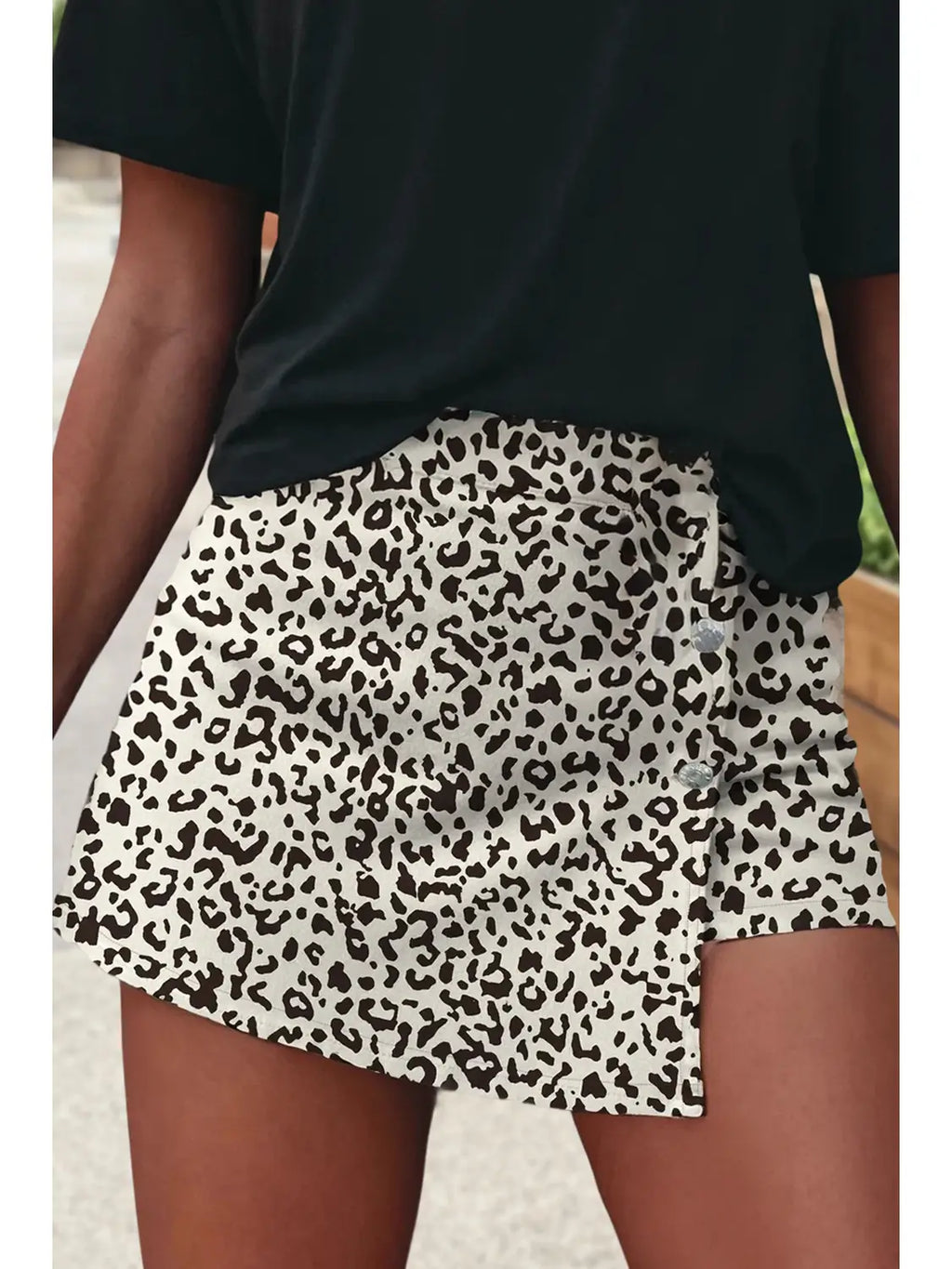 Leopard Print Button Overlap Denim Shorts