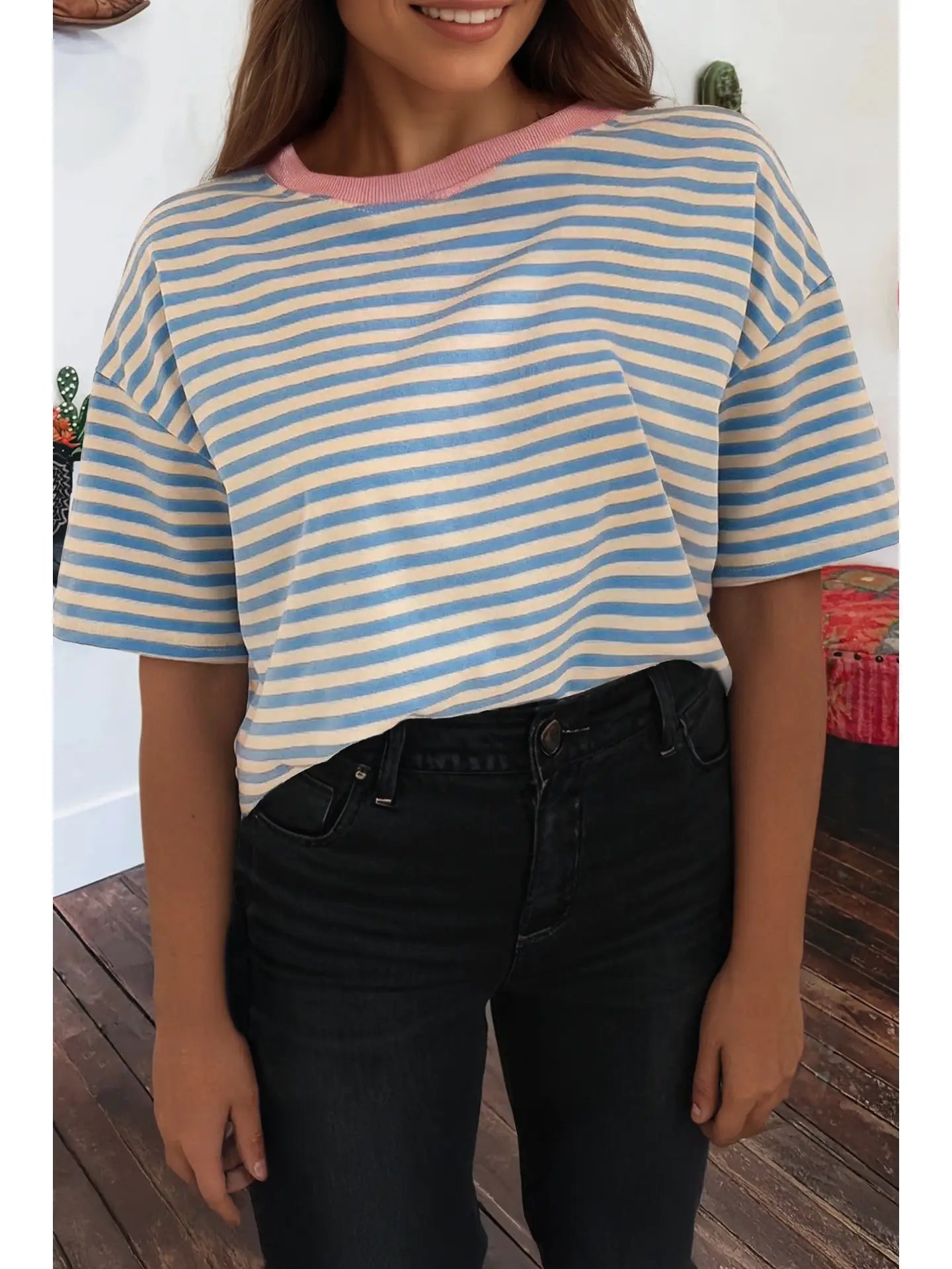 Full Size Stripe Contrast Crew Neck Drop Shoulder Loose Tee