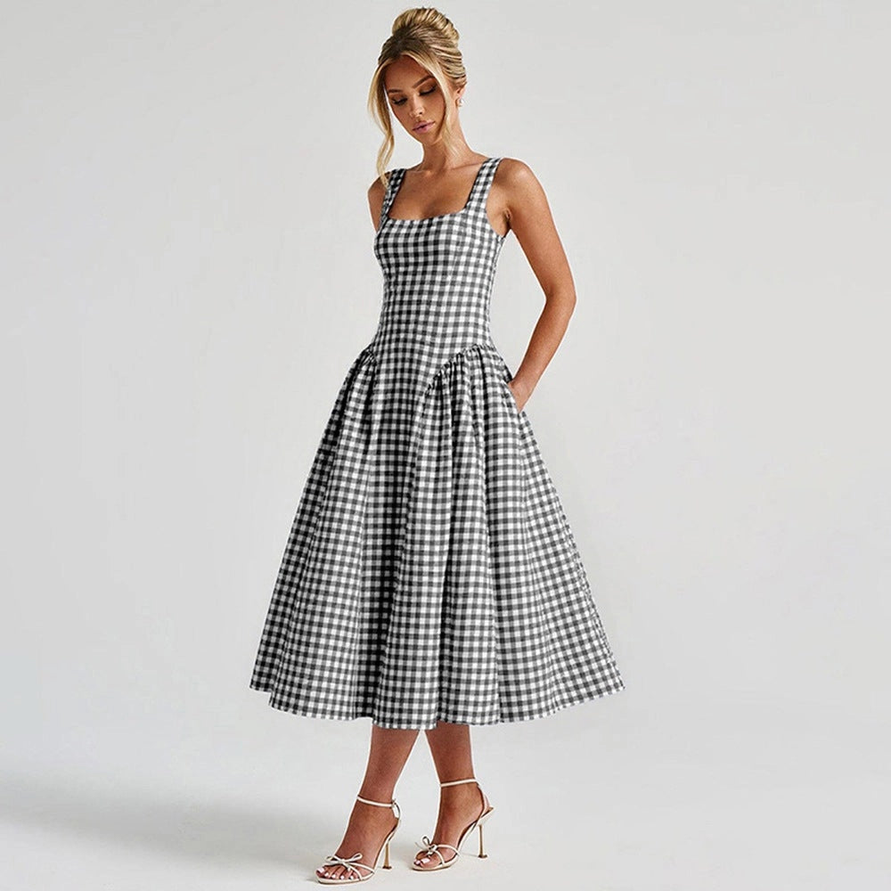 Fresh French Style Checkered Print Princess Dress