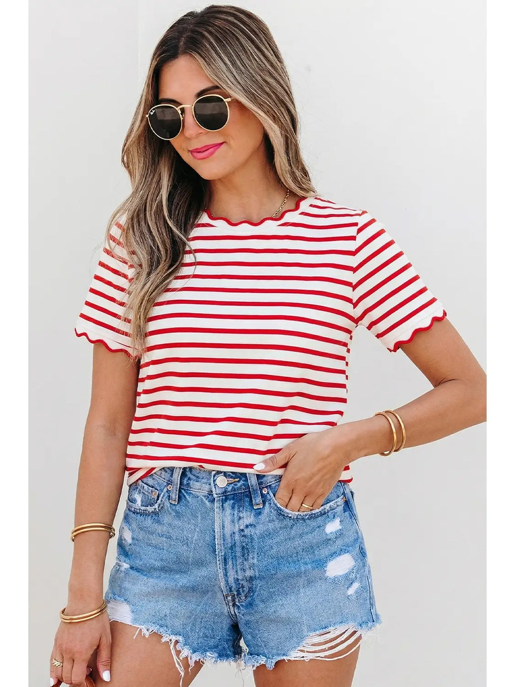 Stripe Scalloped Trim Round Neck T Shirt PLUS