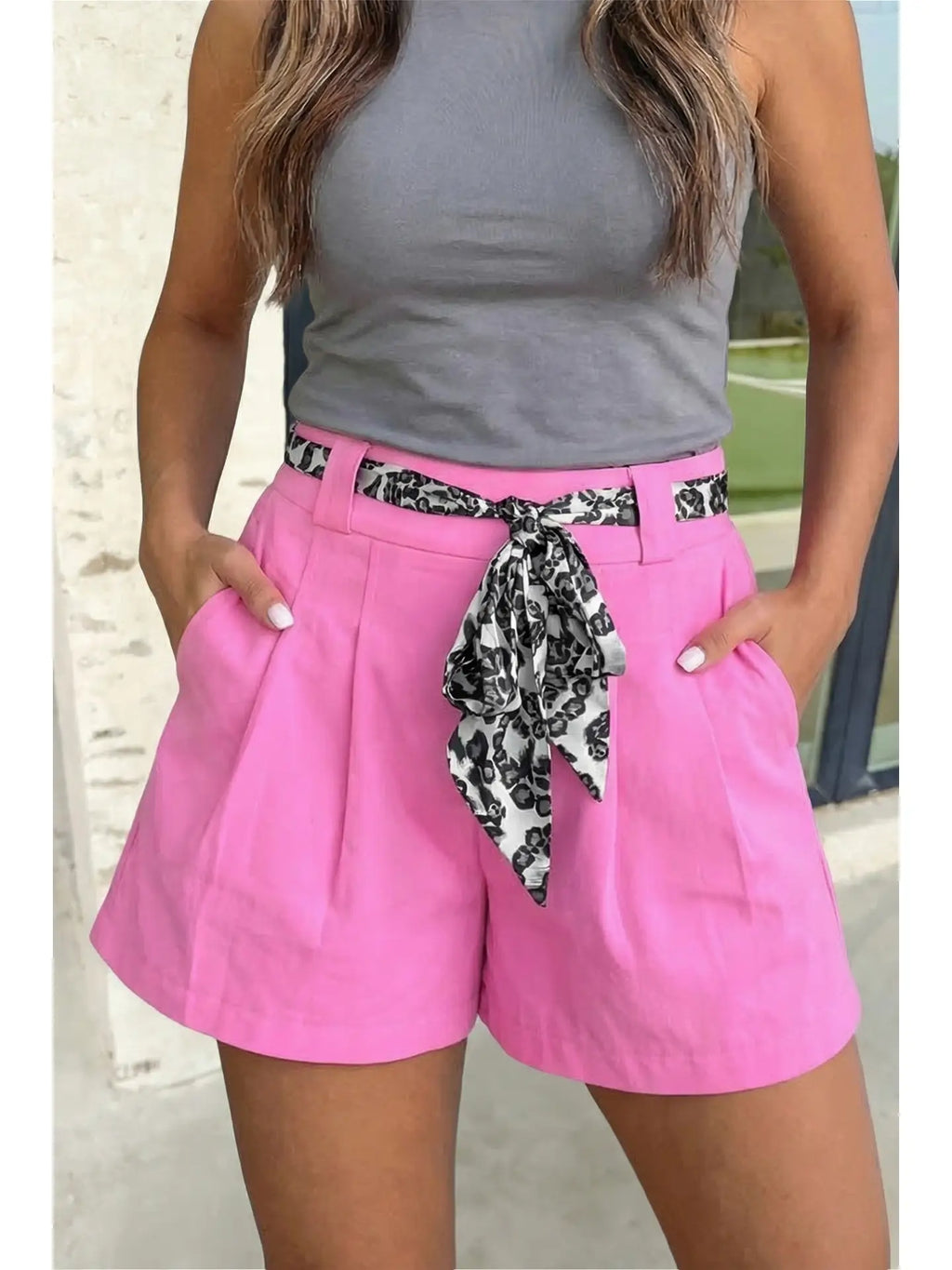 Leopard Sash Belt Pleated Wide Leg Shorts