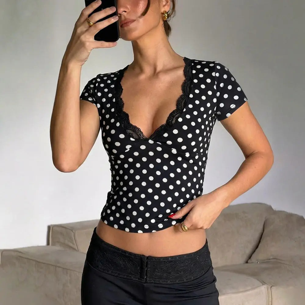Polka Dot V-Neck Short Sleeve T-Shirt For Women
