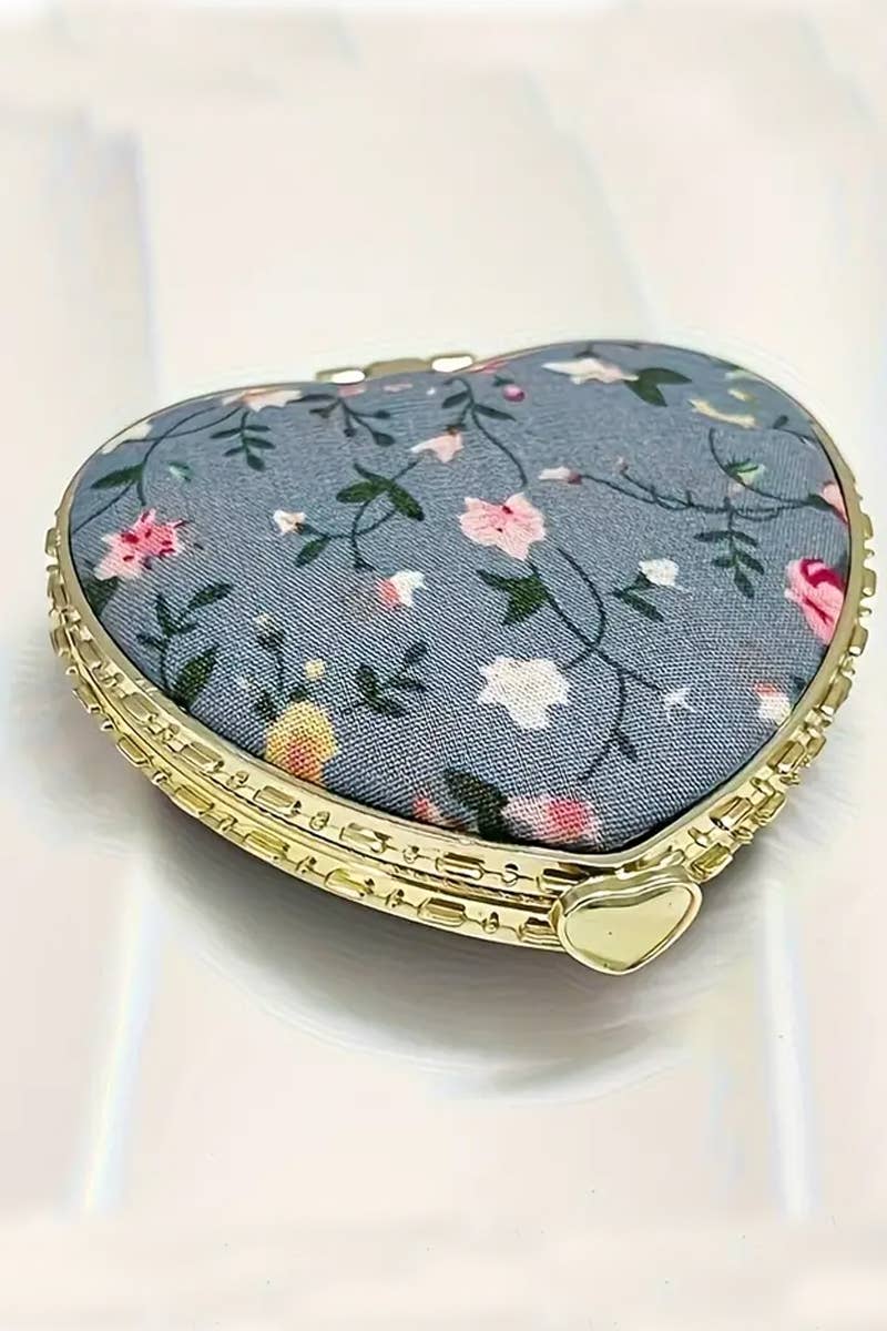 1114 Floral Design Heart Shape Mini Hand Mirror SI-29078