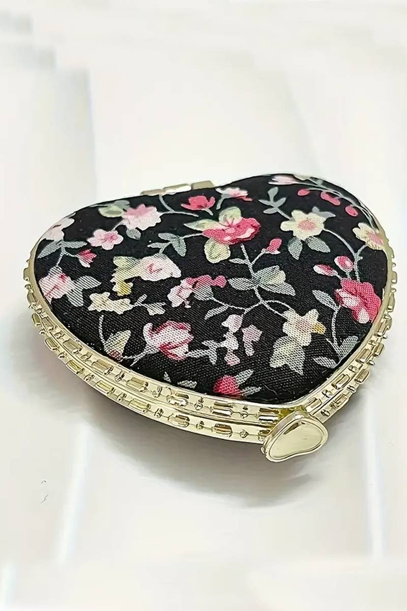 1114 Floral Design Heart Shape Mini Hand Mirror SI-29078