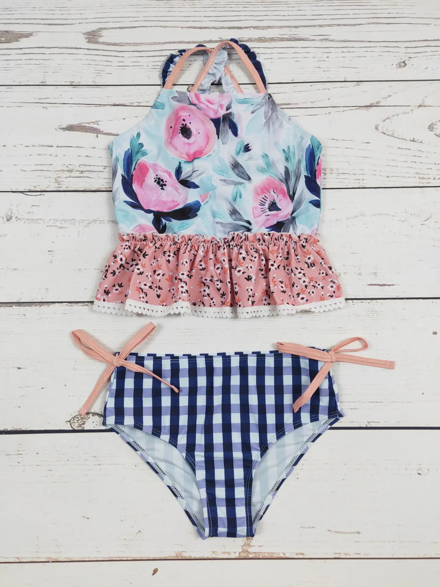 Flower Checked Printed Two Piece Girls Swim Set
