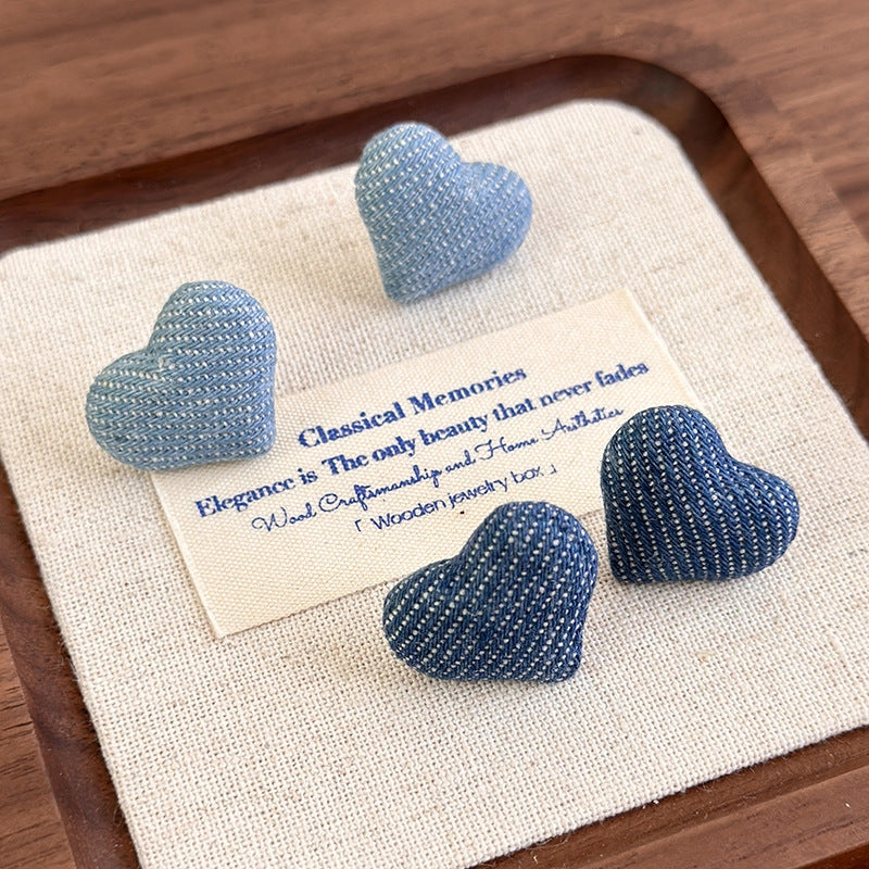 Vintage Heart Shaped Fabric Denim Earrings Sweet Button Style