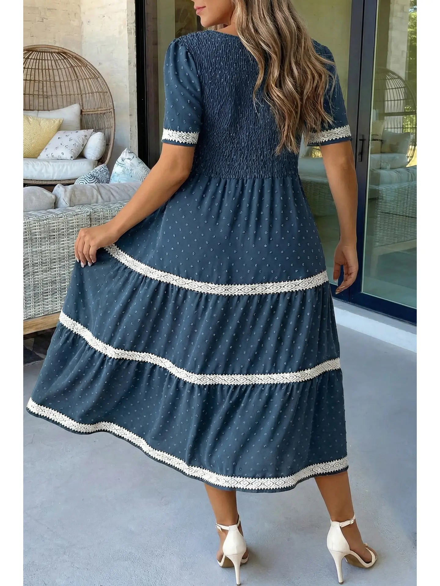 Dot Lace Patchwork Detail Midi Dress PLUS
