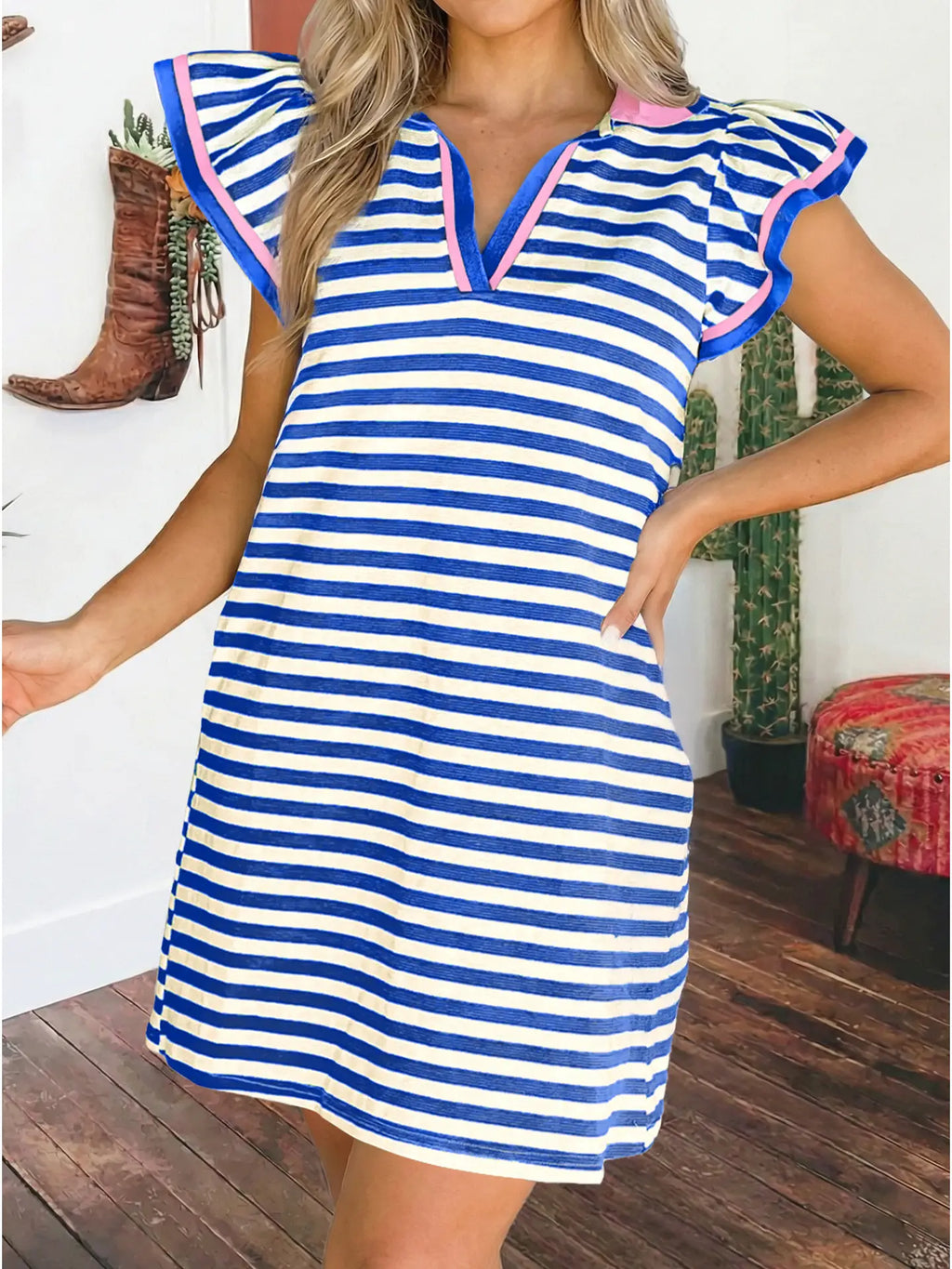 Stripe Ruffle Short Sleeve Pop of Color Neckline Dress