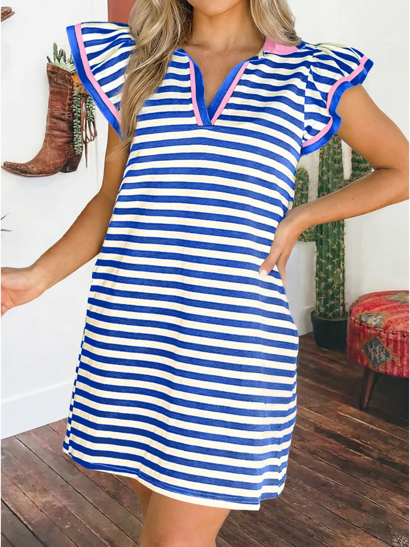 Stripe Ruffle Short Sleeve Pop of Color Neckline Dress