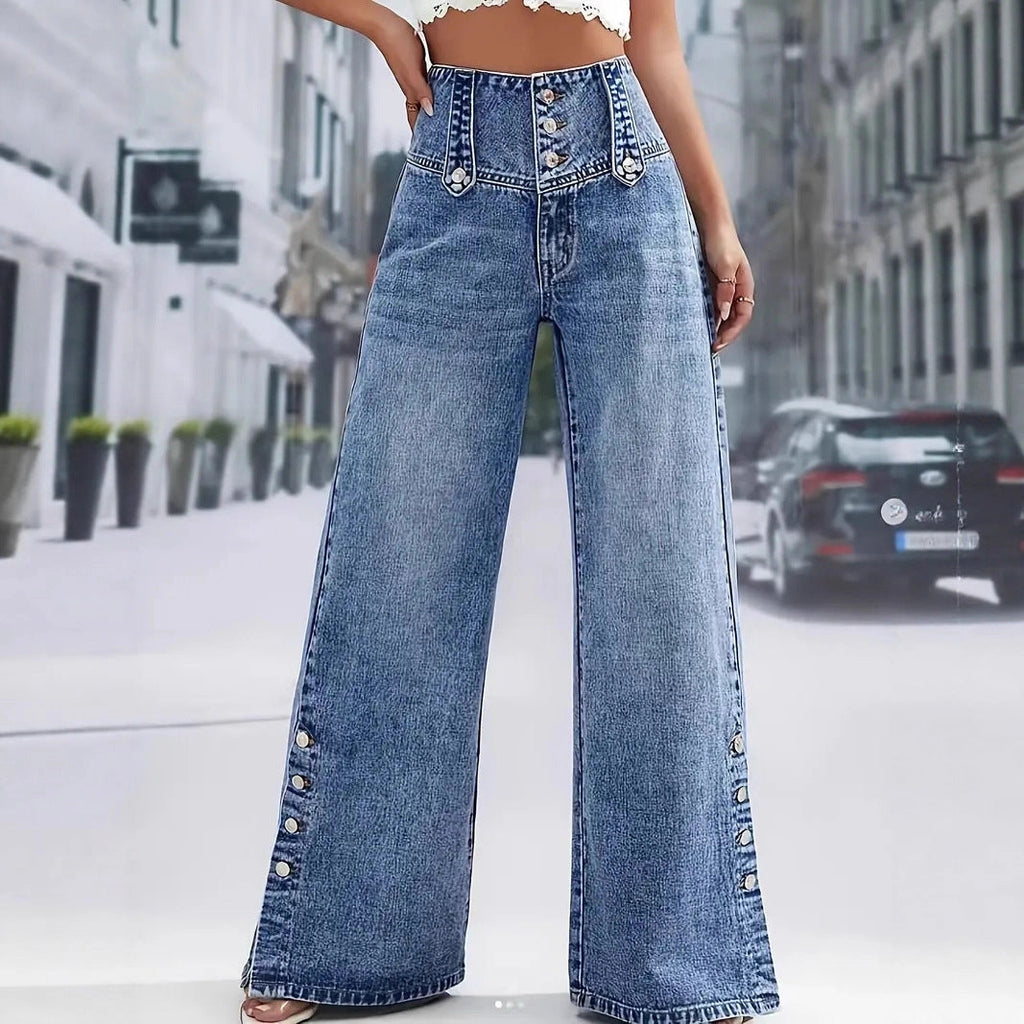 High Waist Split Hem Wide Leg Denim Pants For Women