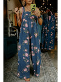 Floral Print Pleated High Waist Wide Leg Denim Jumpsuit
