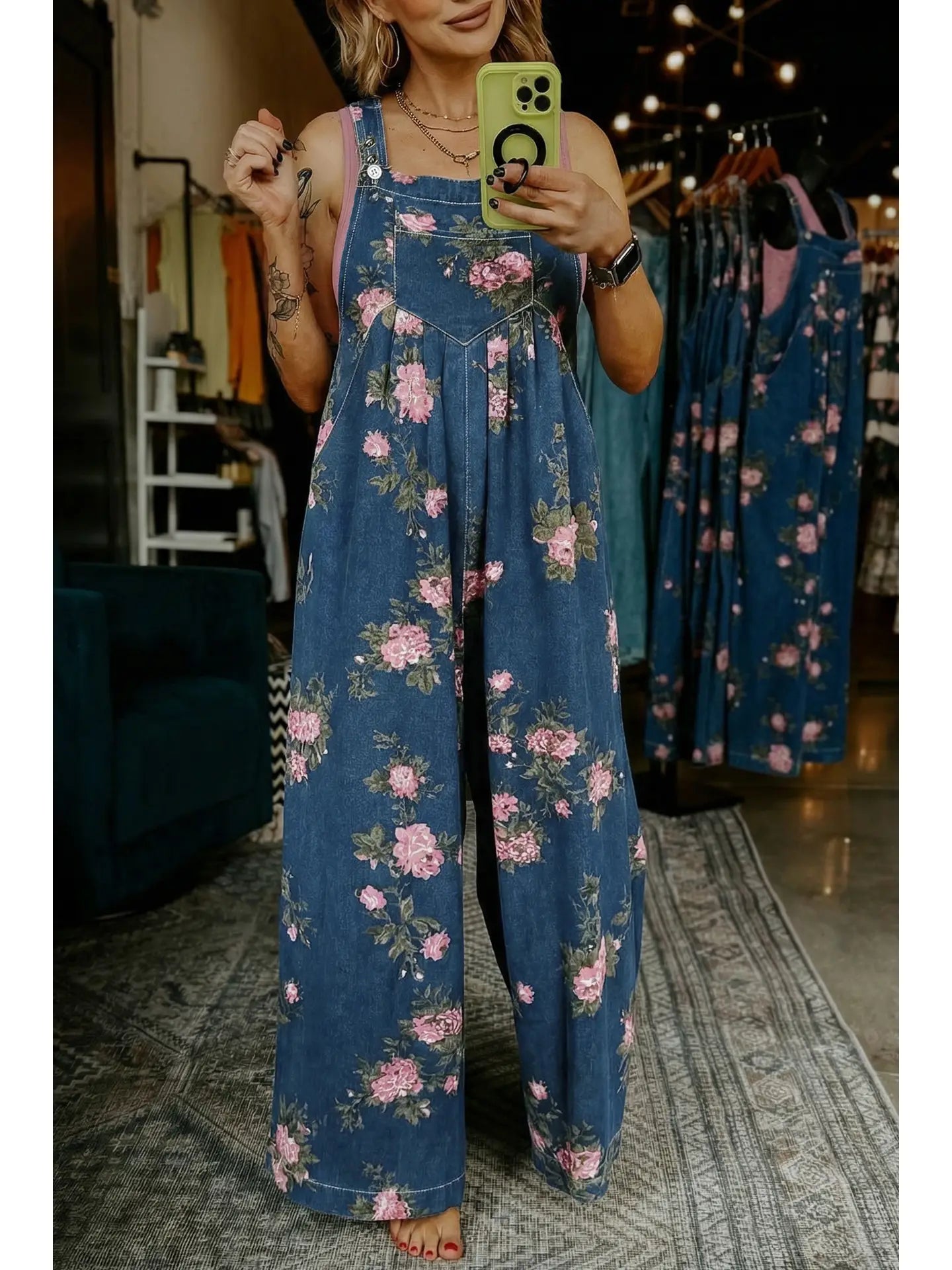 Floral Print Pleated High Waist Wide Leg Denim Jumpsuit