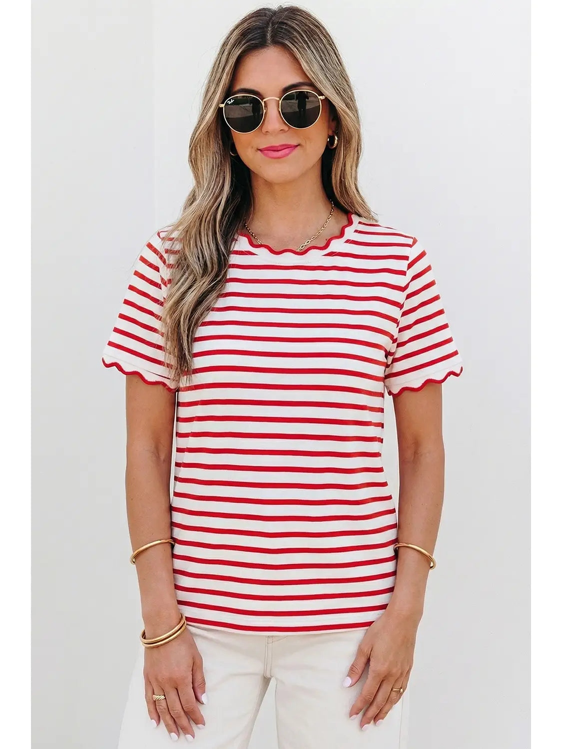 Stripe Scalloped Trim Round Neck T Shirt PLUS