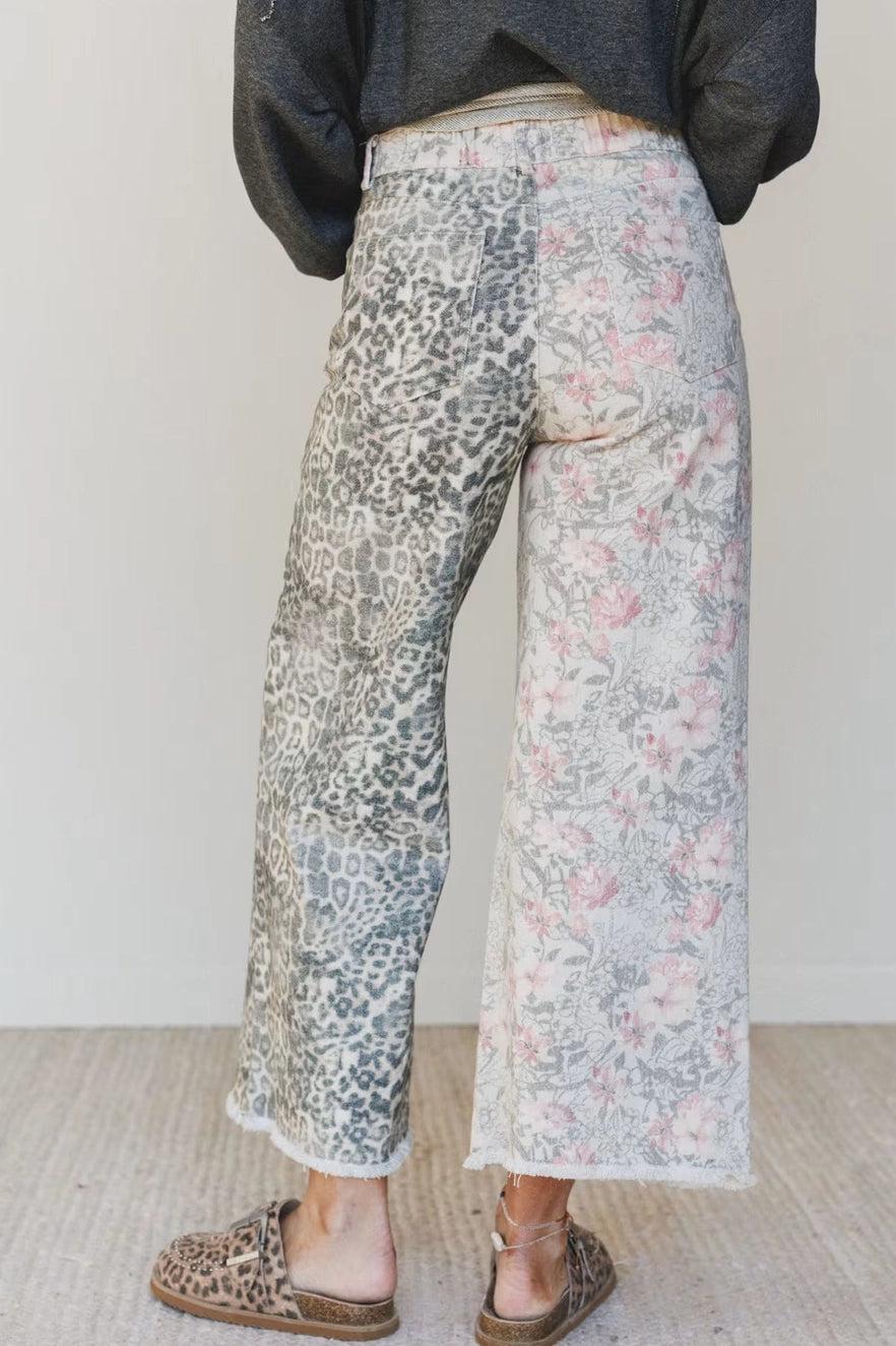 Western Leopard Frayed Edge Wide Leg High Waist Jeans