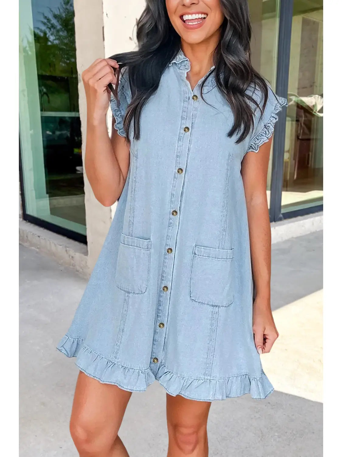Western Ruffled Edge Collared Pockets Denim Dress
