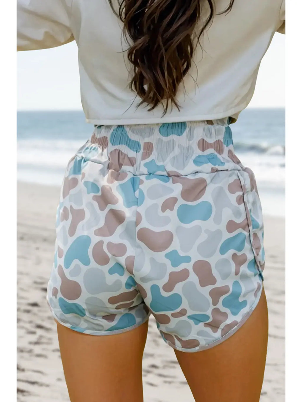 Camo Print Shirred High Waist Shorts