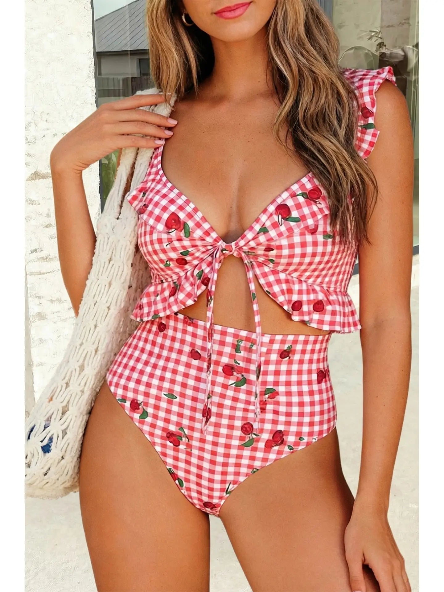 Plaid Cherry Ruffle Trim Tie Front Cutout Monokini