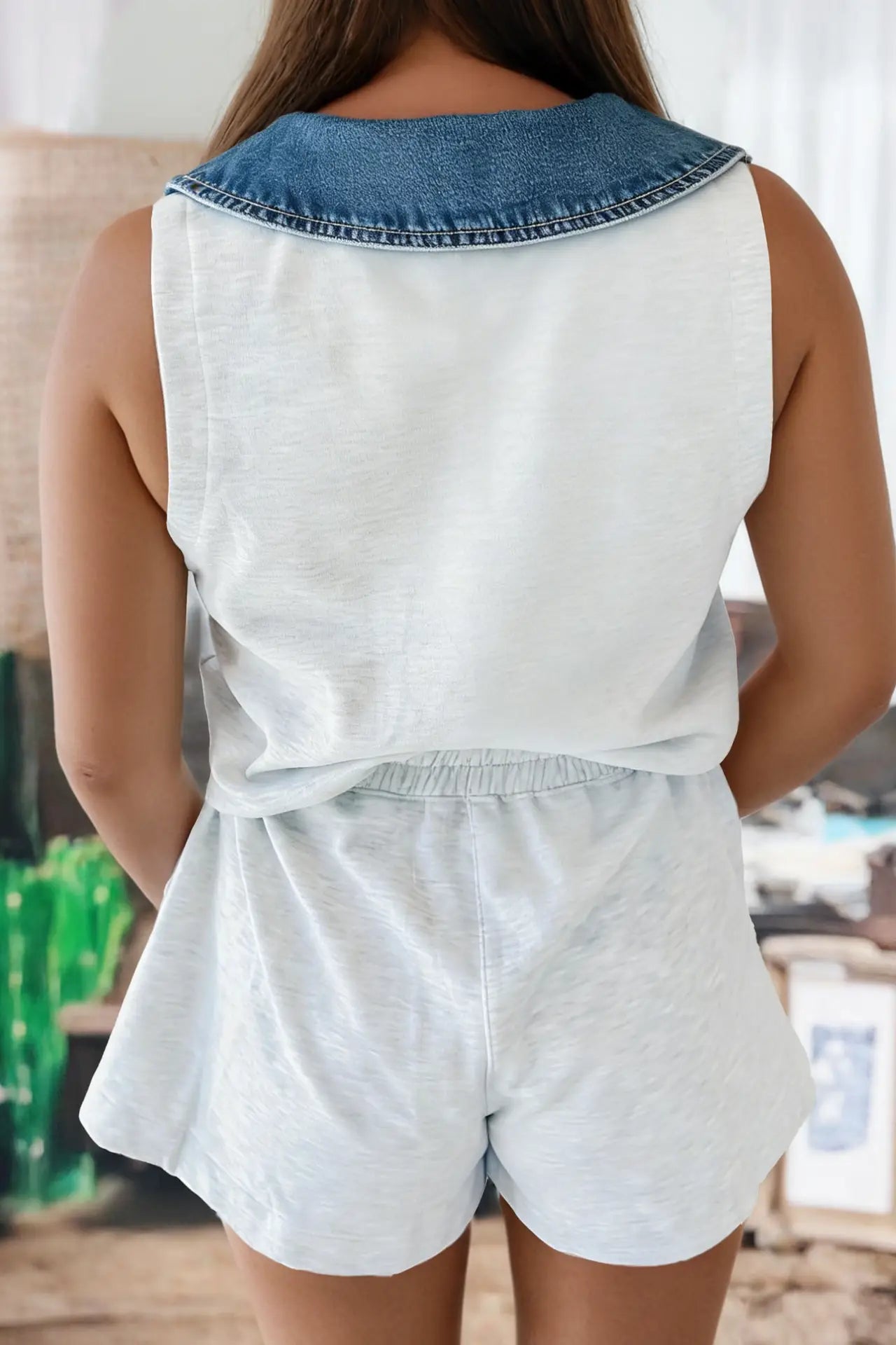 Denim Patchwork Polo Collar Elastic Waist Sleeveless Romper