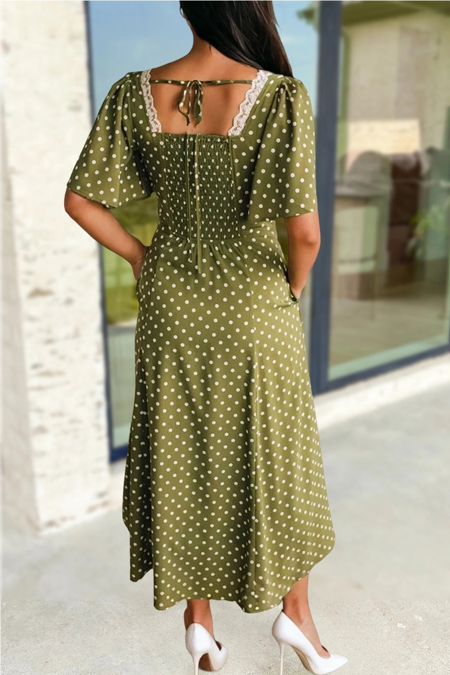Polka Dot Print Lace Smocked High Waist Maxi Dress