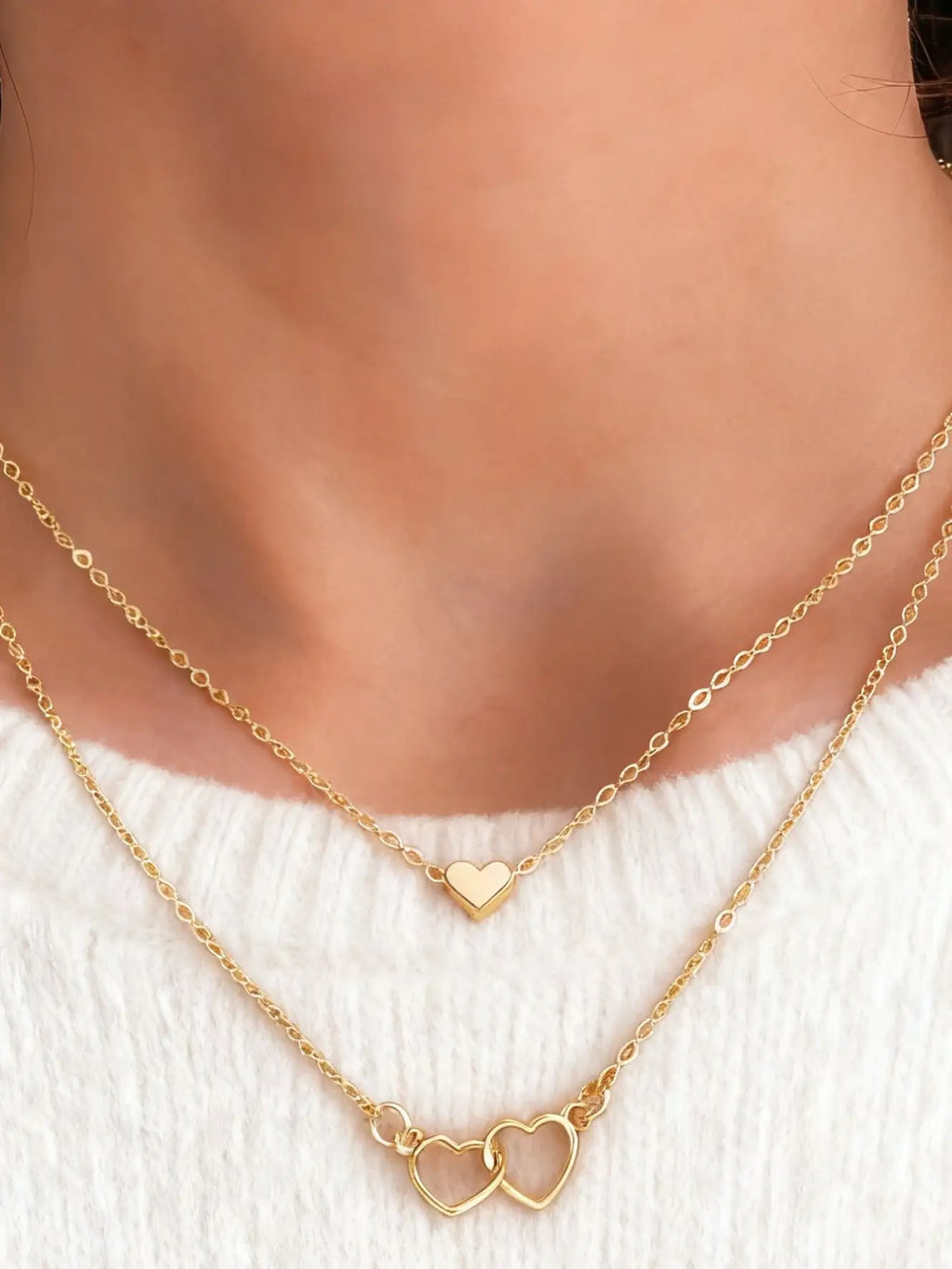 Layered Double Heart Pendant Necklace Set