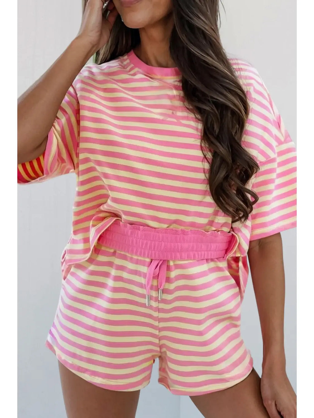 Stripe Print Contrast Trim 2pcs Shorts Set PLUS
