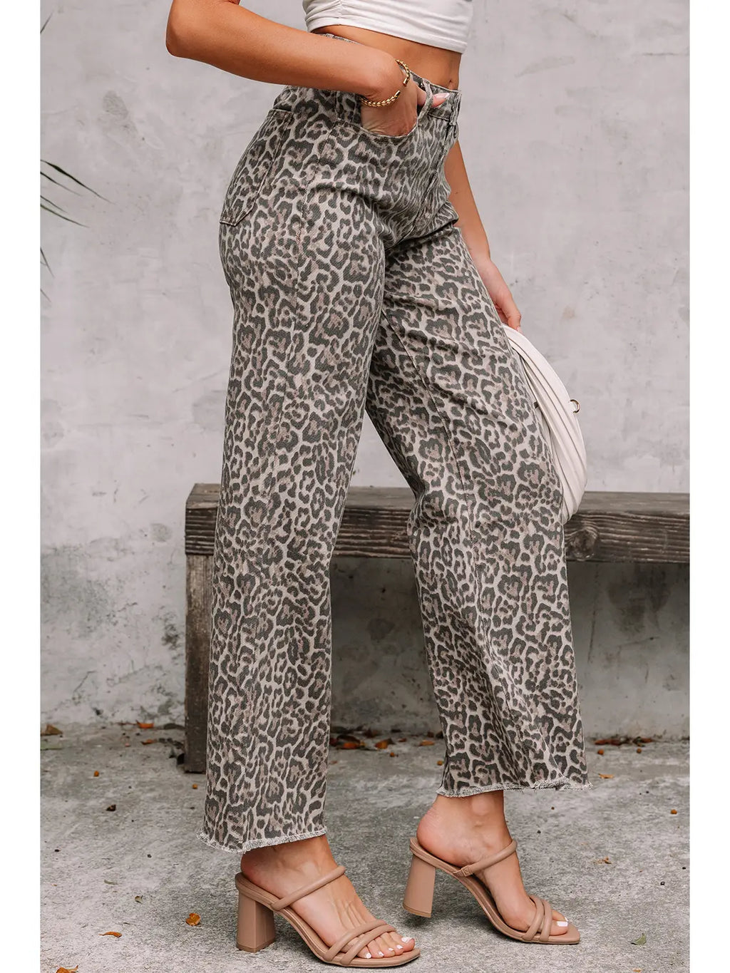 Leopard Frayed Edge Wide Leg High Waist Jeans