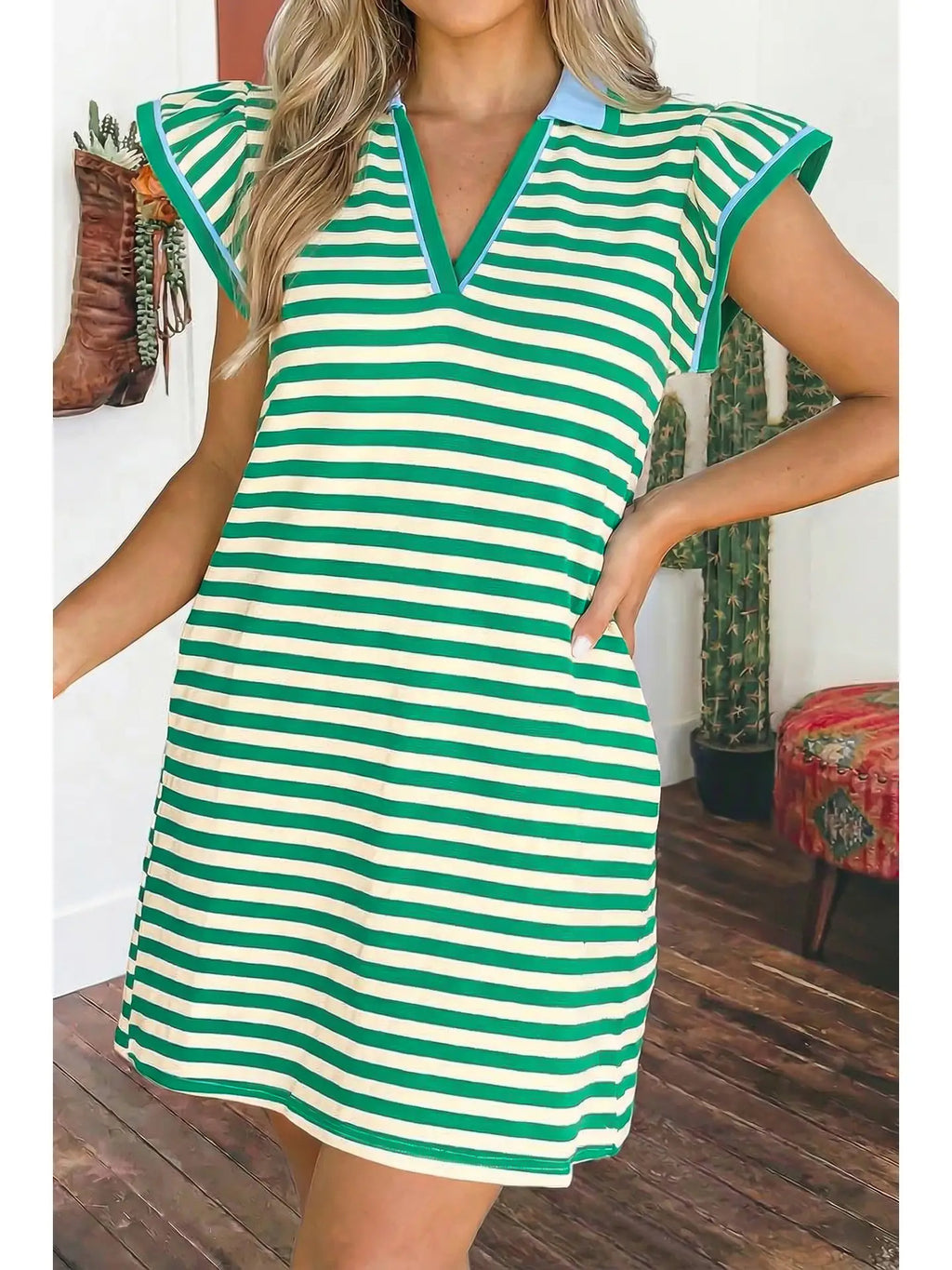 Stripe Ruffle Short Sleeve Pop of Color Neckline Dress