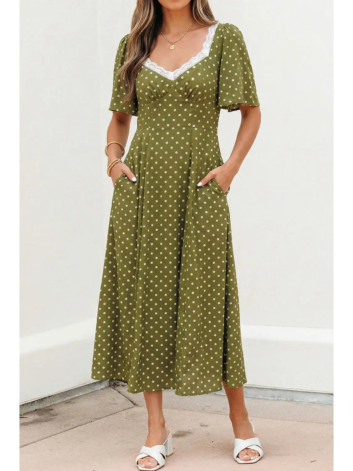 Polka Dot Print Lace Smocked High Waist Maxi Dress