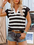 Stripe Collar V Neck Ruffled Short Sleeve Blouse