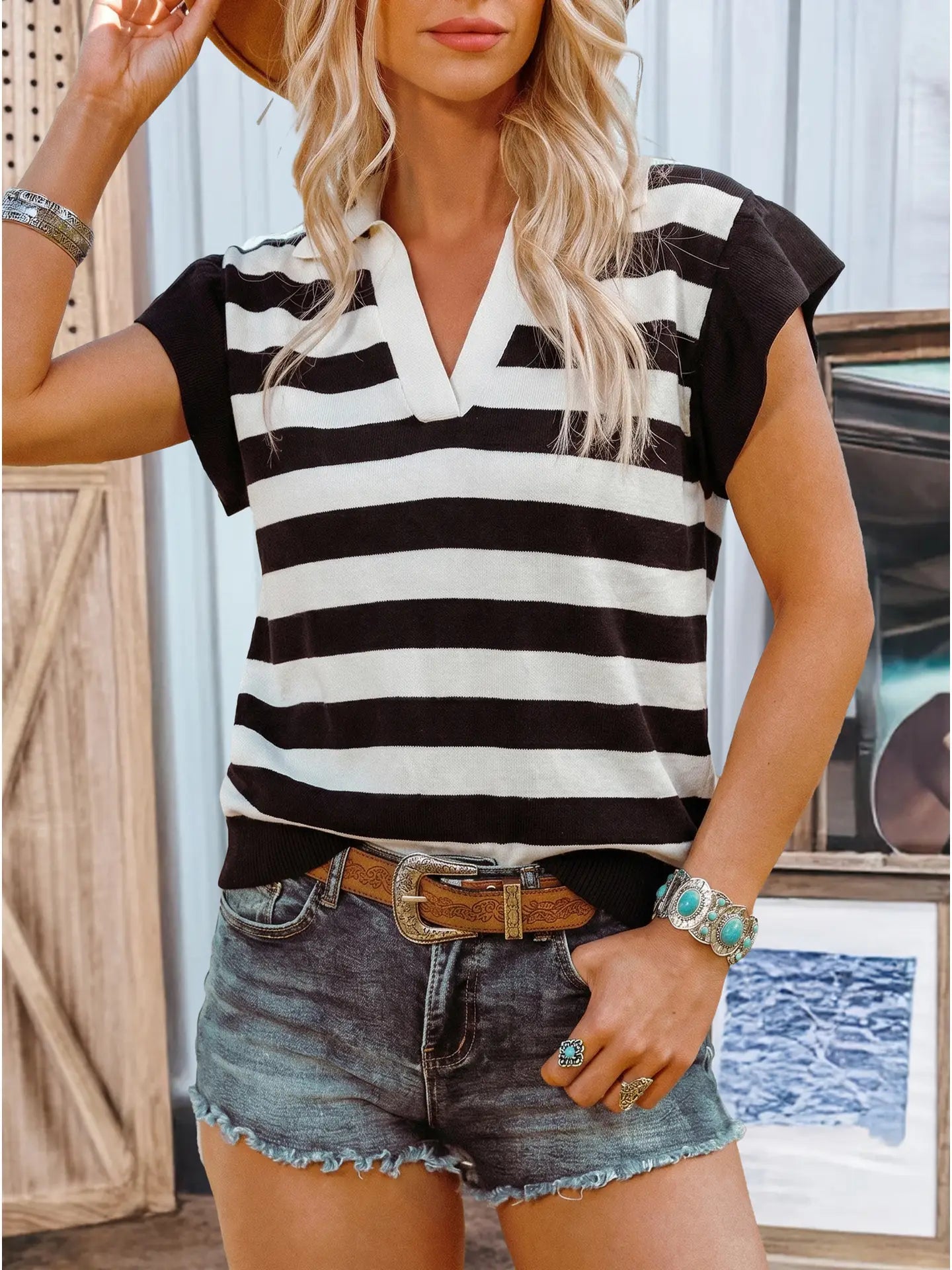 Stripe Collar V Neck Ruffled Short Sleeve Blouse