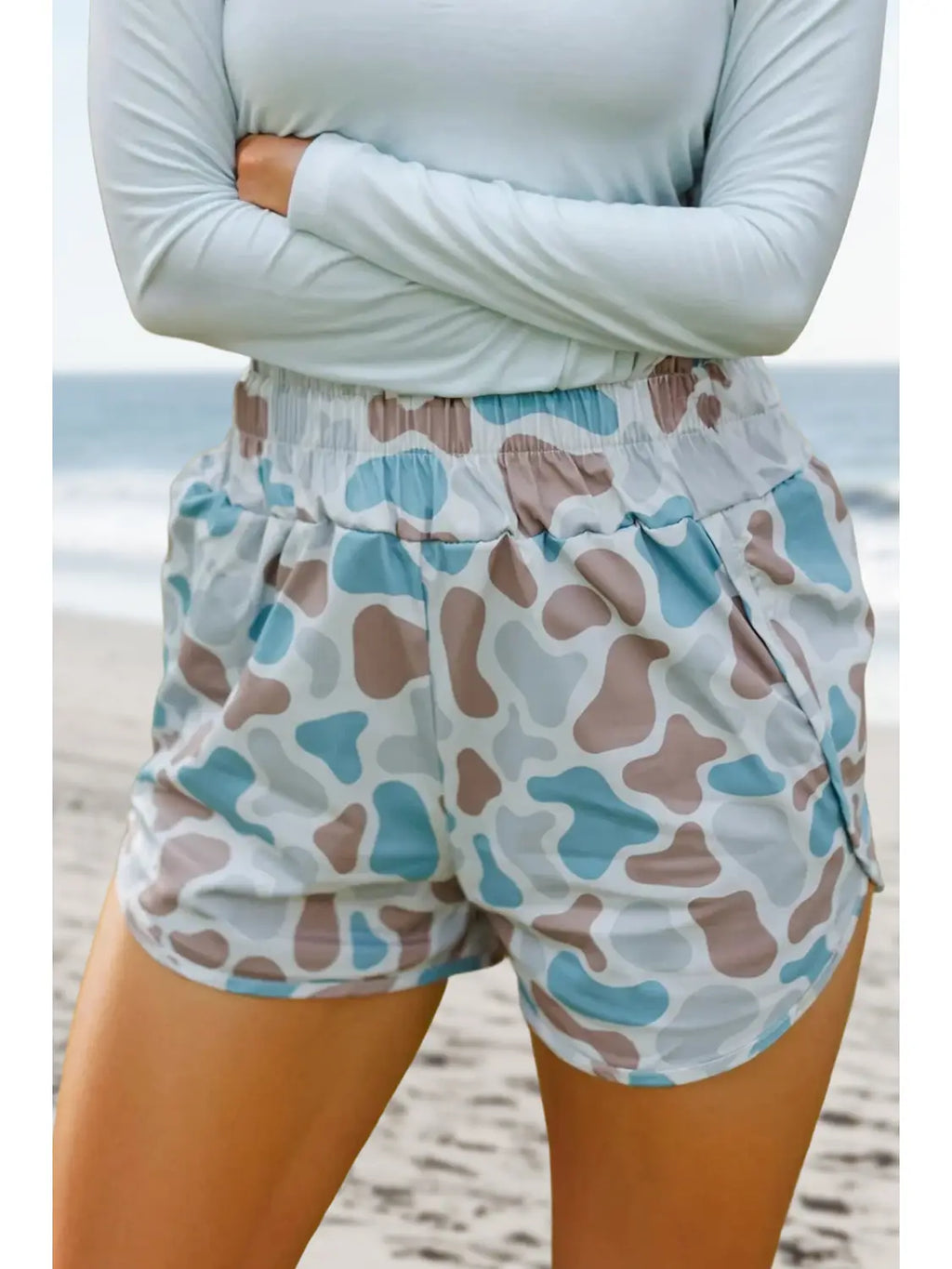 Camo Print Shirred High Waist Shorts