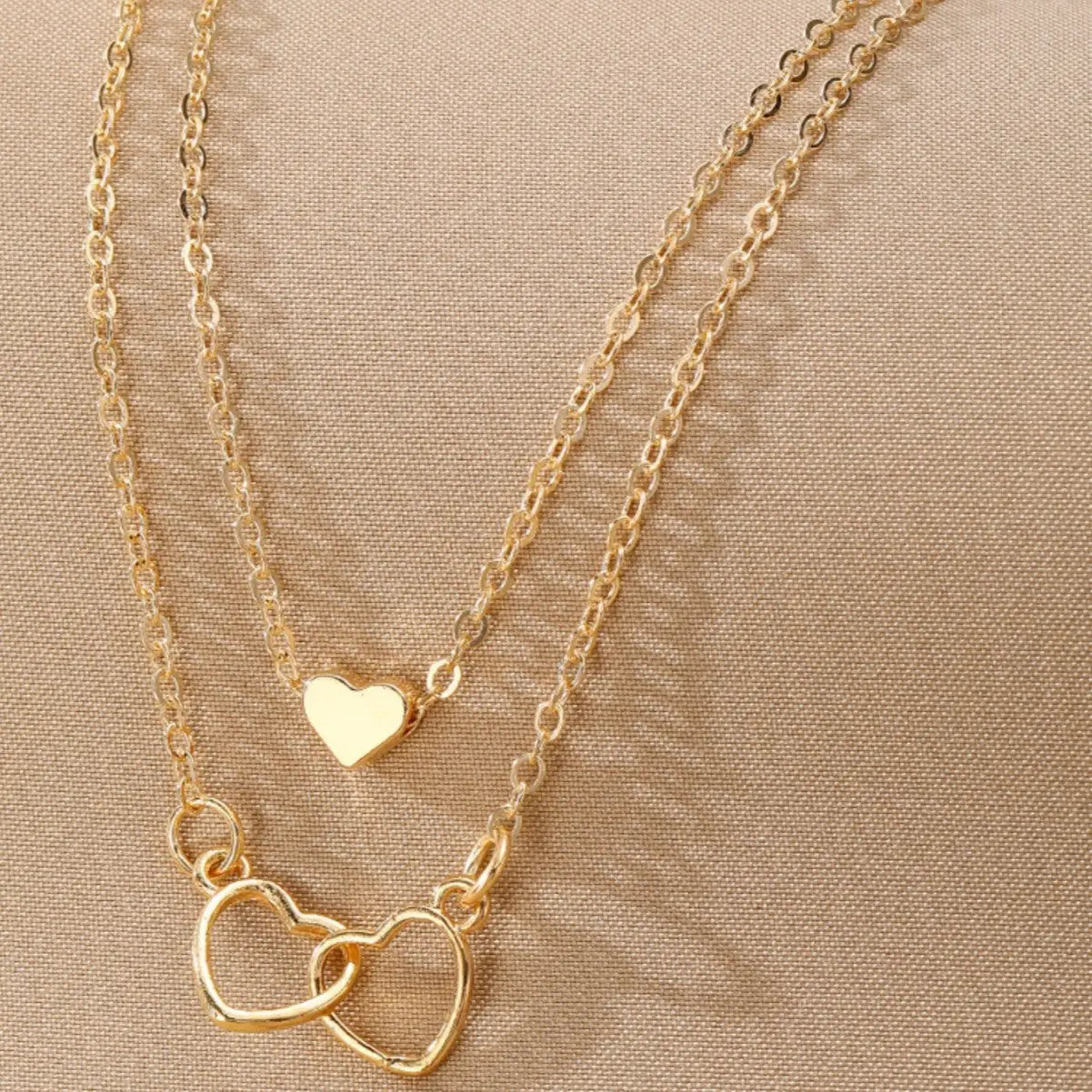 Layered Double Heart Pendant Necklace Set