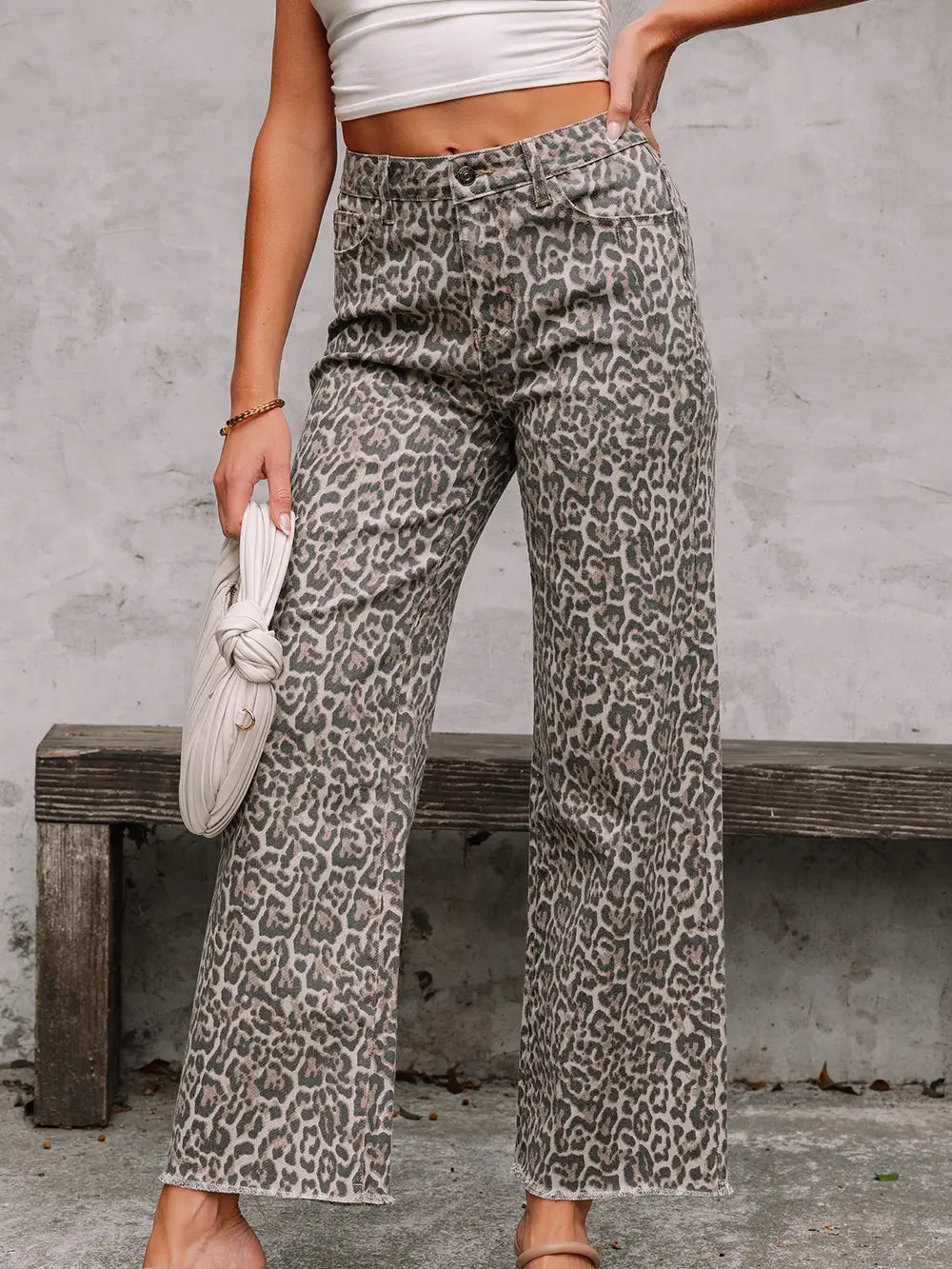 Leopard Frayed Edge Wide Leg High Waist Jeans