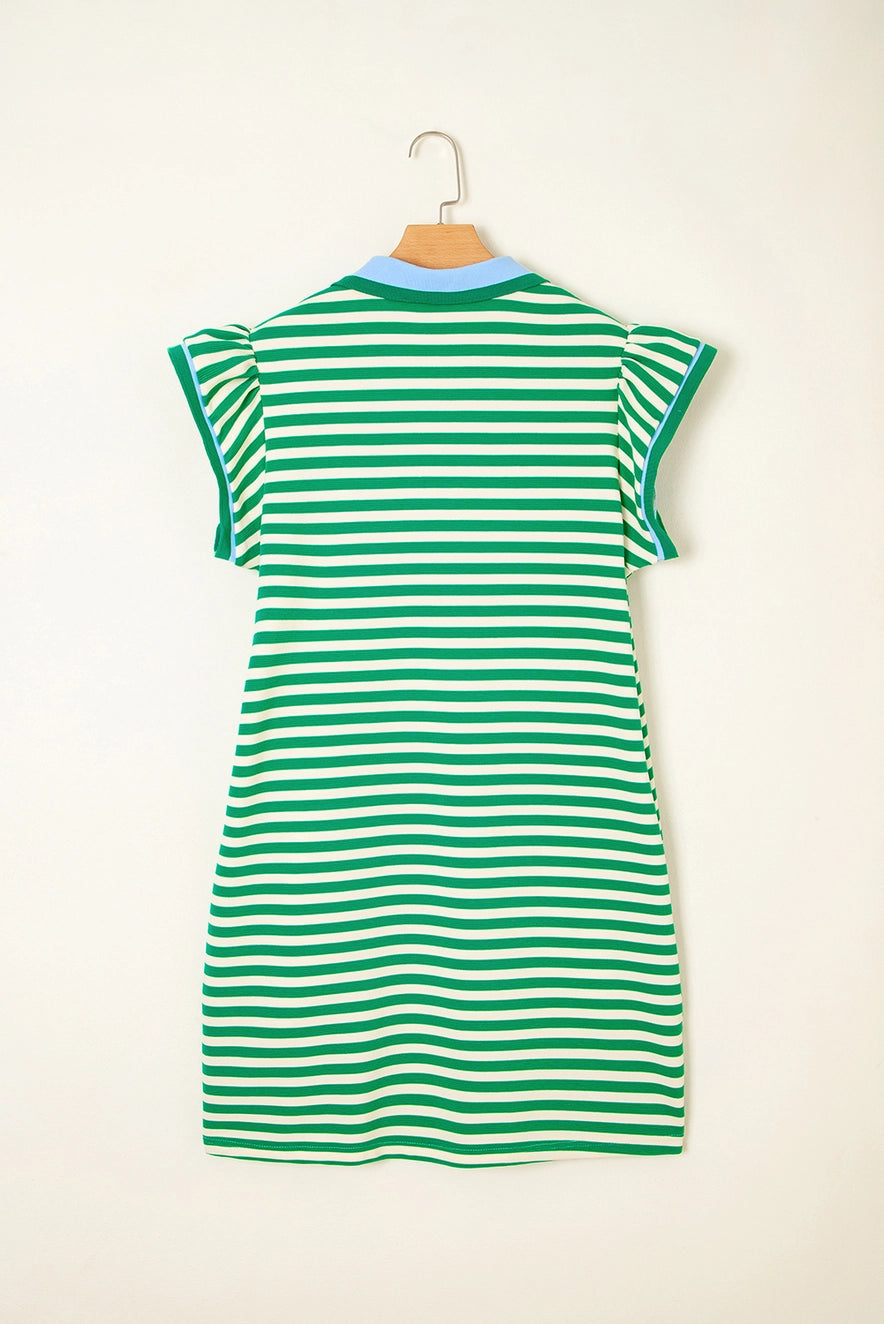 Stripe Ruffle Short Sleeve Pop of Color Neckline Dress