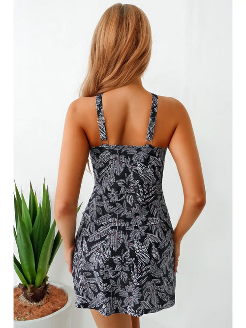 Abstract Buckle Crossed Straps Skirted Tankini 2pcs Swimsuit