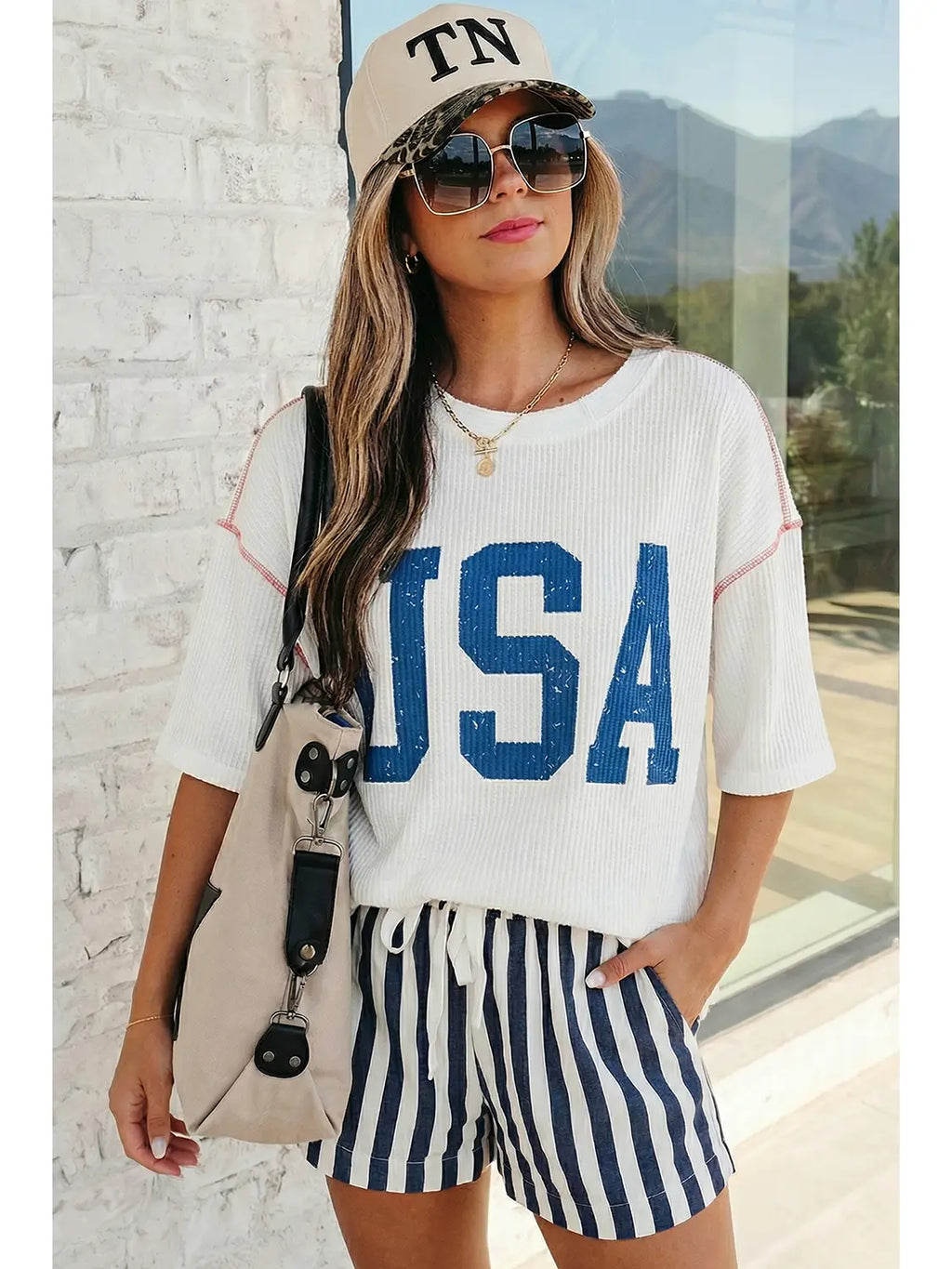 USA Graphic Half Sleeve Ribbed Top PLUS